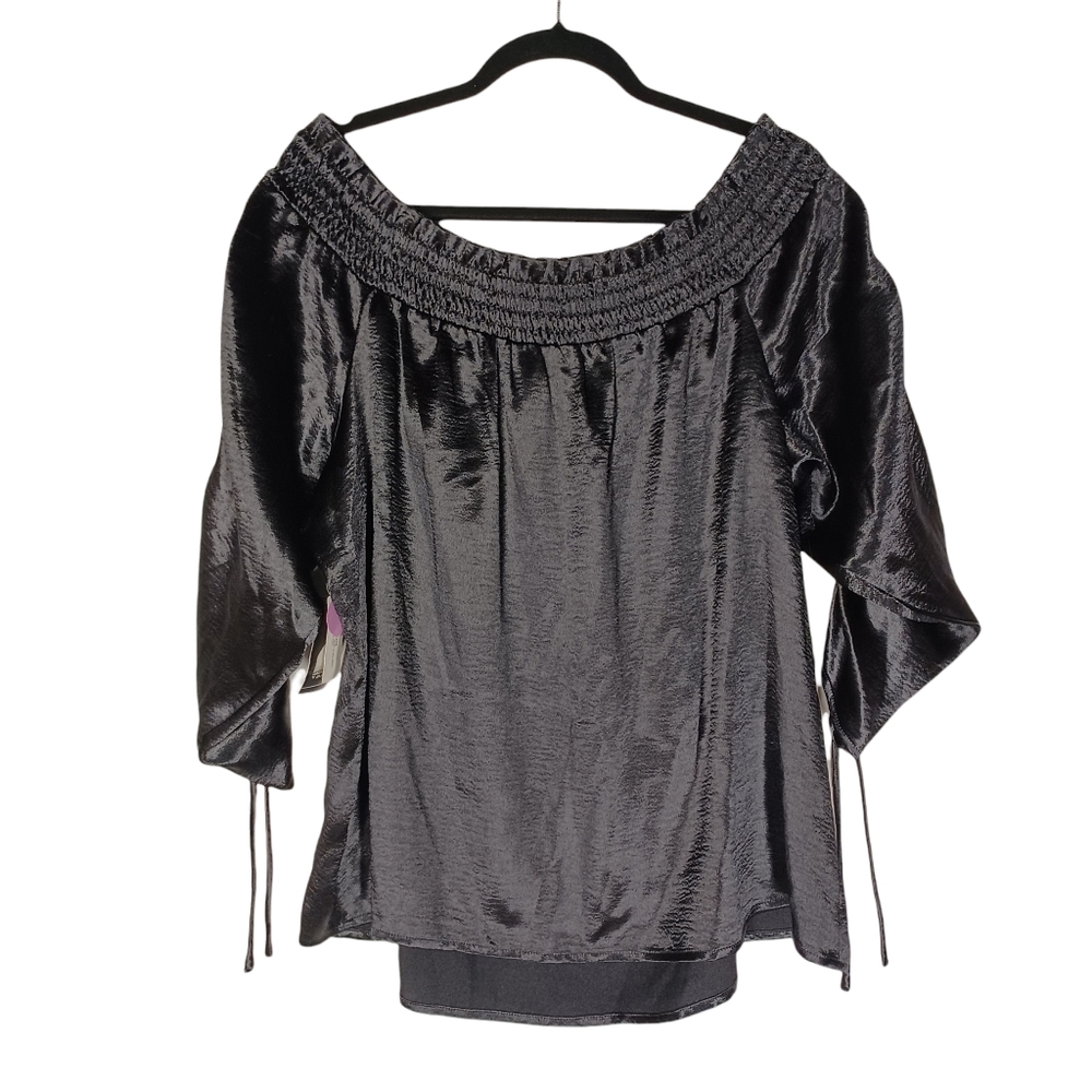 PROJECT RUNWAY Cinch Sleeve Smocked Off The Shoulder Sheen Black Top XL NWT